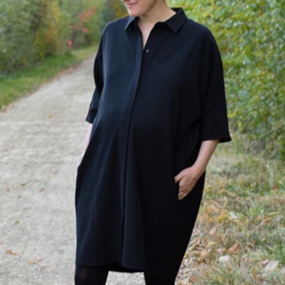 Oriane Grace Maternity Button Down Tunic Dress Black Style #2060 w/ Pockets sz S